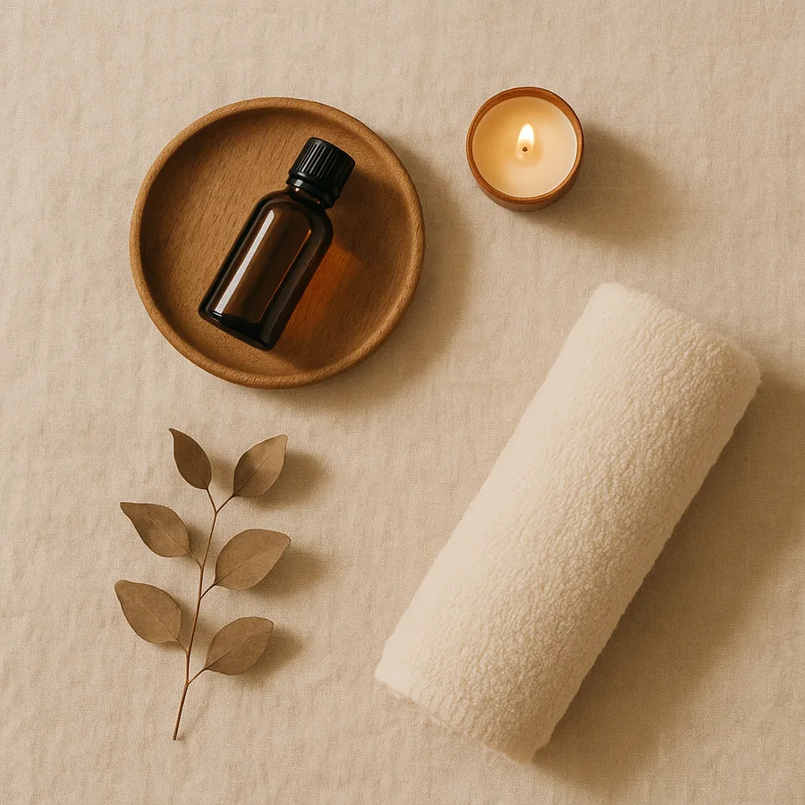 Aceite de masaje, una vela y una toalla enrollada sobre lino