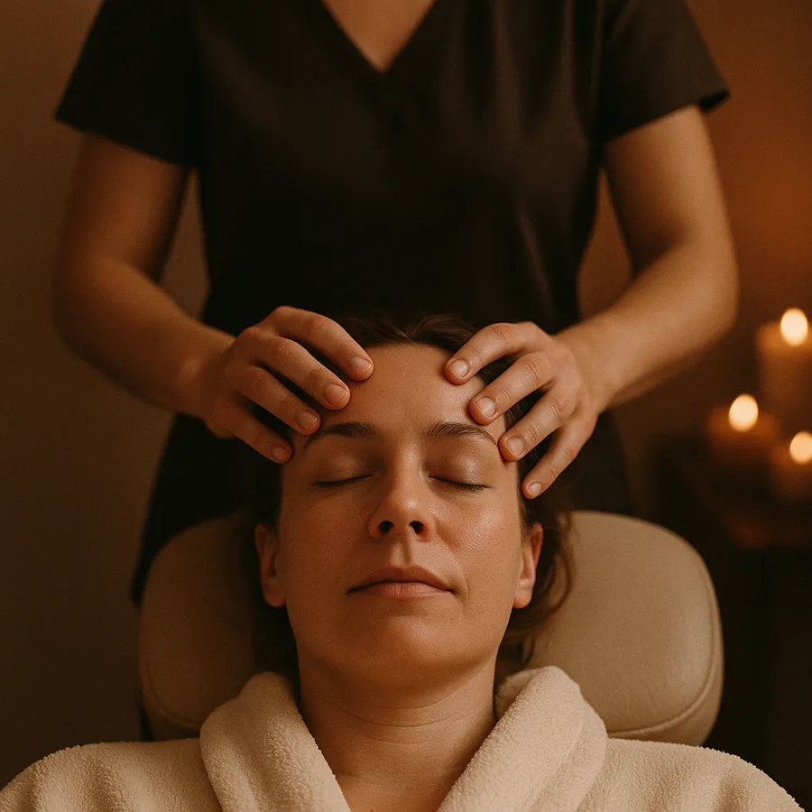 Dedos de una terapeuta apoyados sobre las sienes de una clienta durante un masaje craneofacial